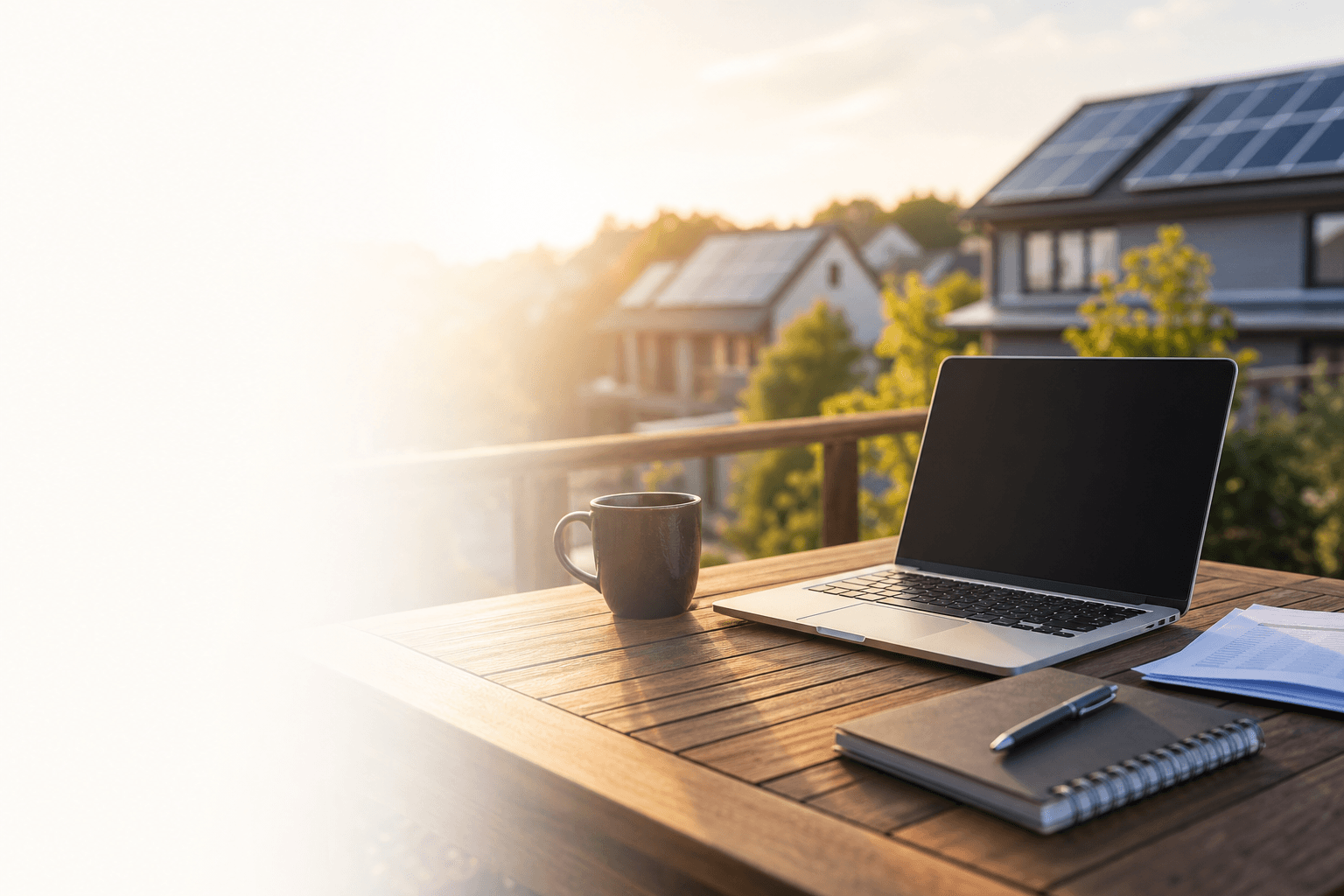 Outdoor workspace with laptop and coffee overlooking residential homes